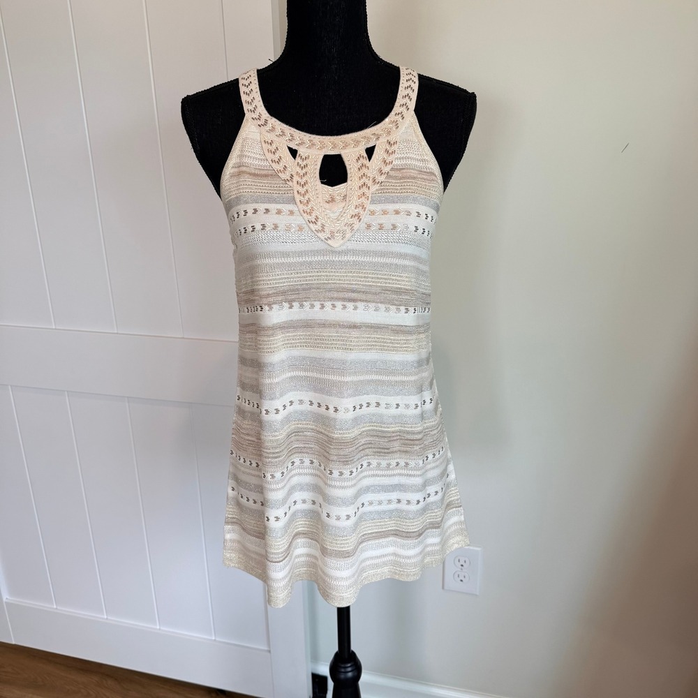 White House Black Market Metallic Striped Embellished Knit Tank Top Medium